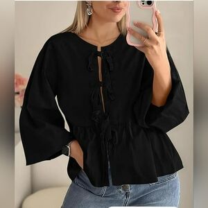 Babydoll Peplum Blouse Shirt Puff Long Sleeve Tie Front XXL